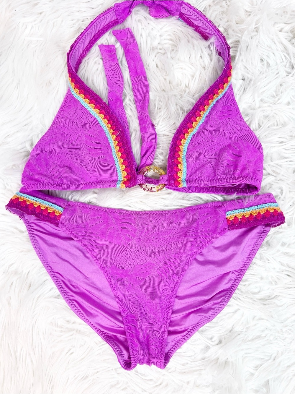 TRINA TURK PURPLE CROCHET HALTER TOP 2 PIECE BIKINI SET WOMENS SZ 8
